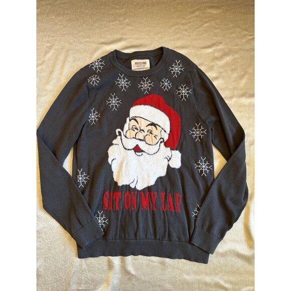 Christmas Men Medium Ugly Sweater Gray Santa Claus Sit‎ On My Lap Holiday Party - Picture 1 of 6